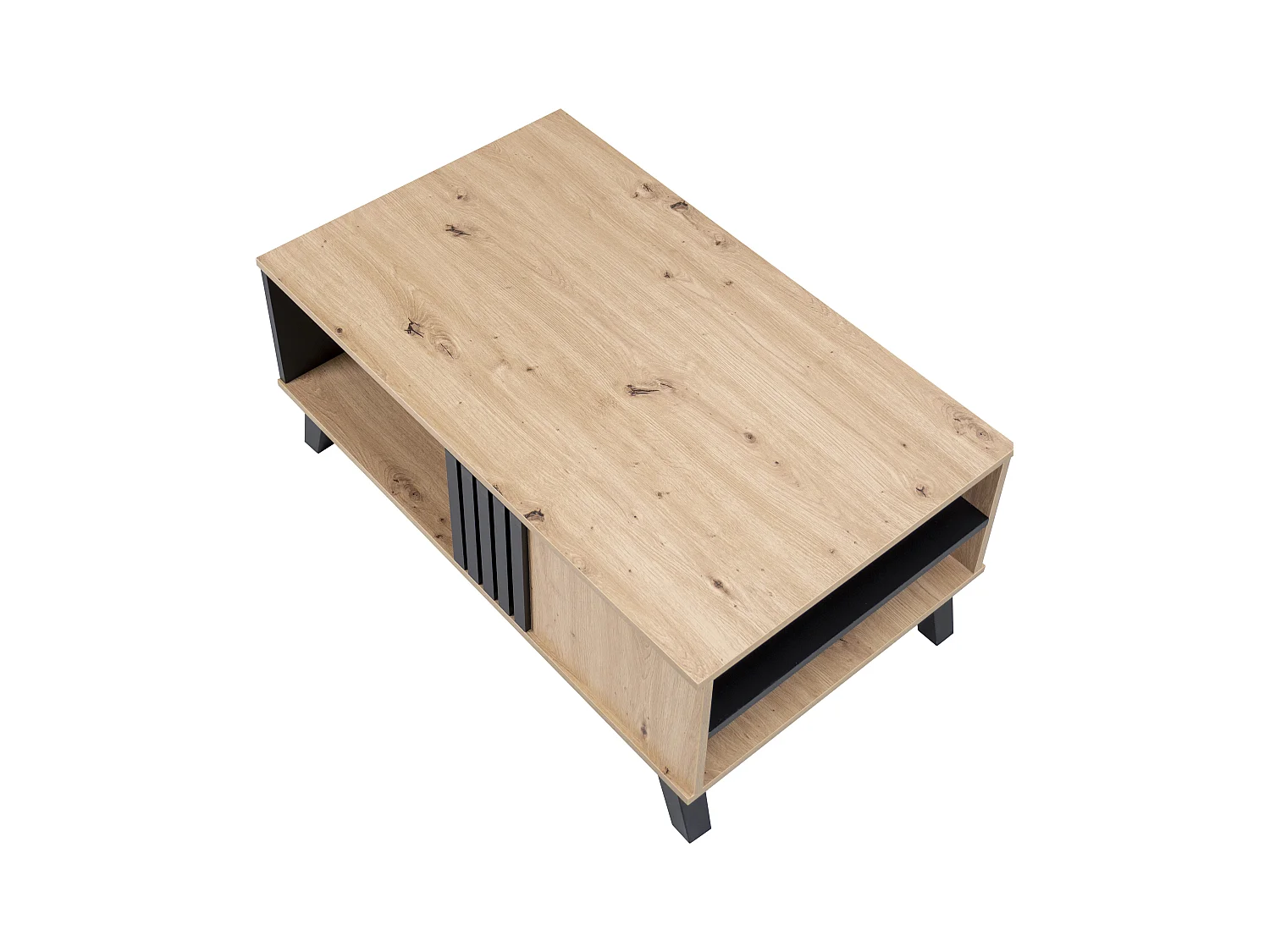 Table basse rectangulaire industriel effet bois et noir rangement 3 cotés 100x60x43cm TRONNEALL
