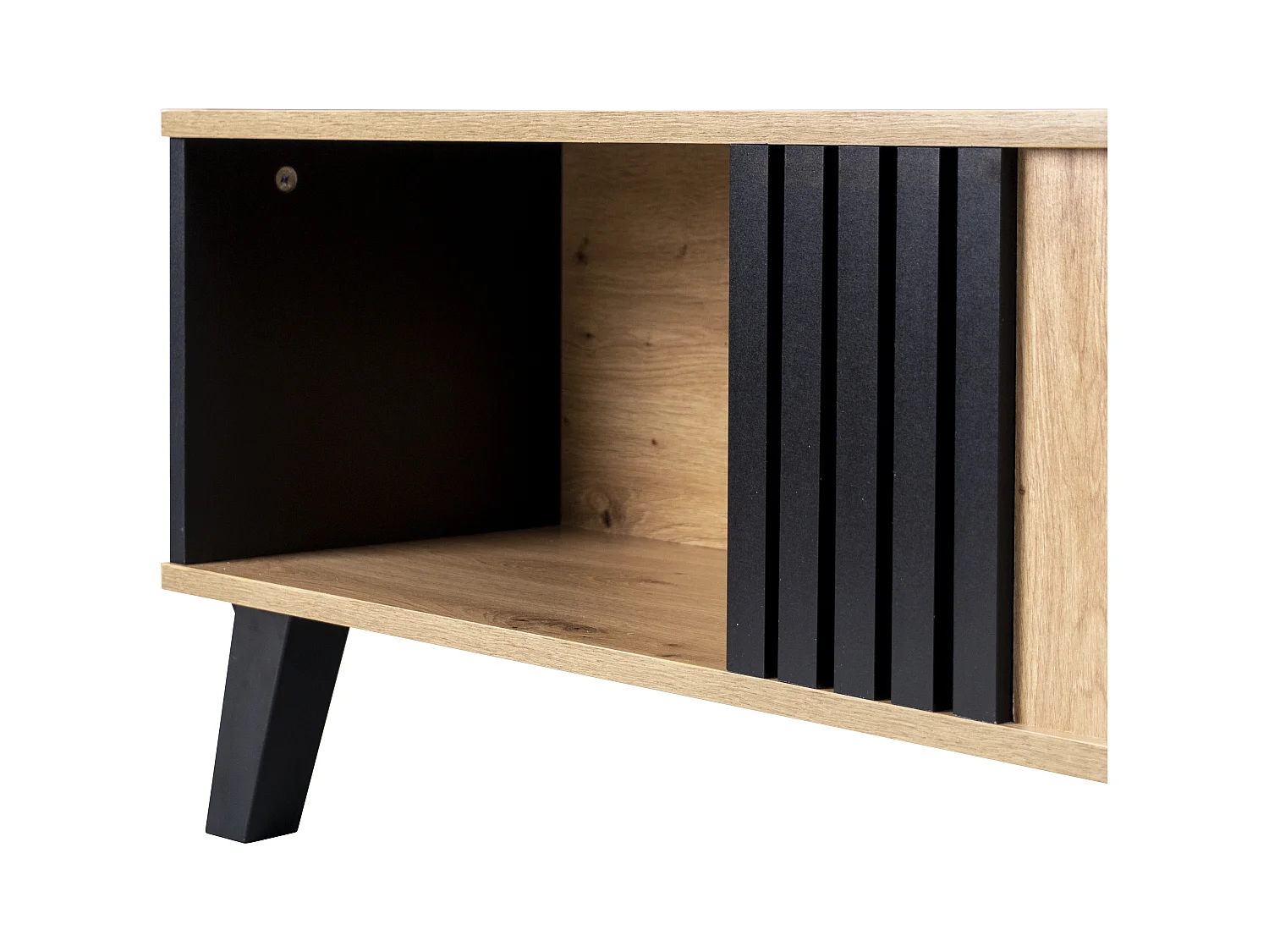 Table basse rectangulaire industriel effet bois et noir rangement 3 cotés 100x60x43cm TRONNEALL