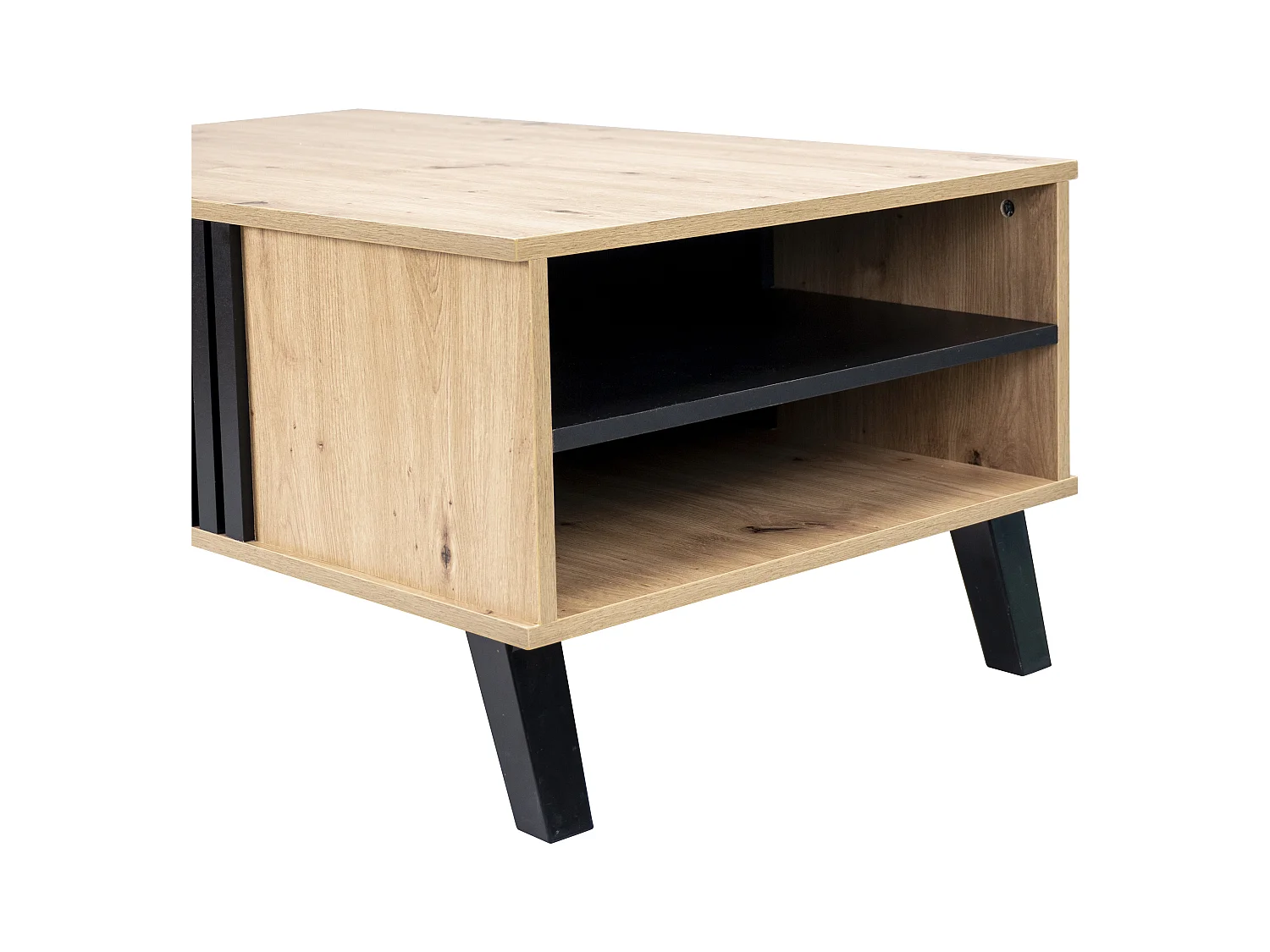 Table basse rectangulaire industriel effet bois et noir rangement 3 cotés 100x60x43cm TRONNEALL