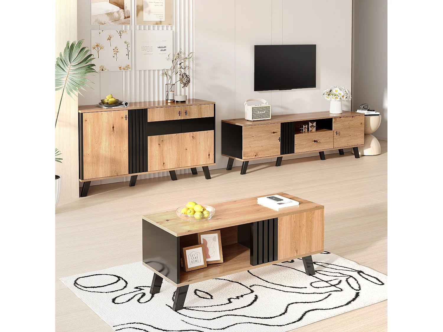 URBAN MEUBLE Table basse rectangulaire industriel effet bois et noir rangement 3 cotés 100x60x43cm