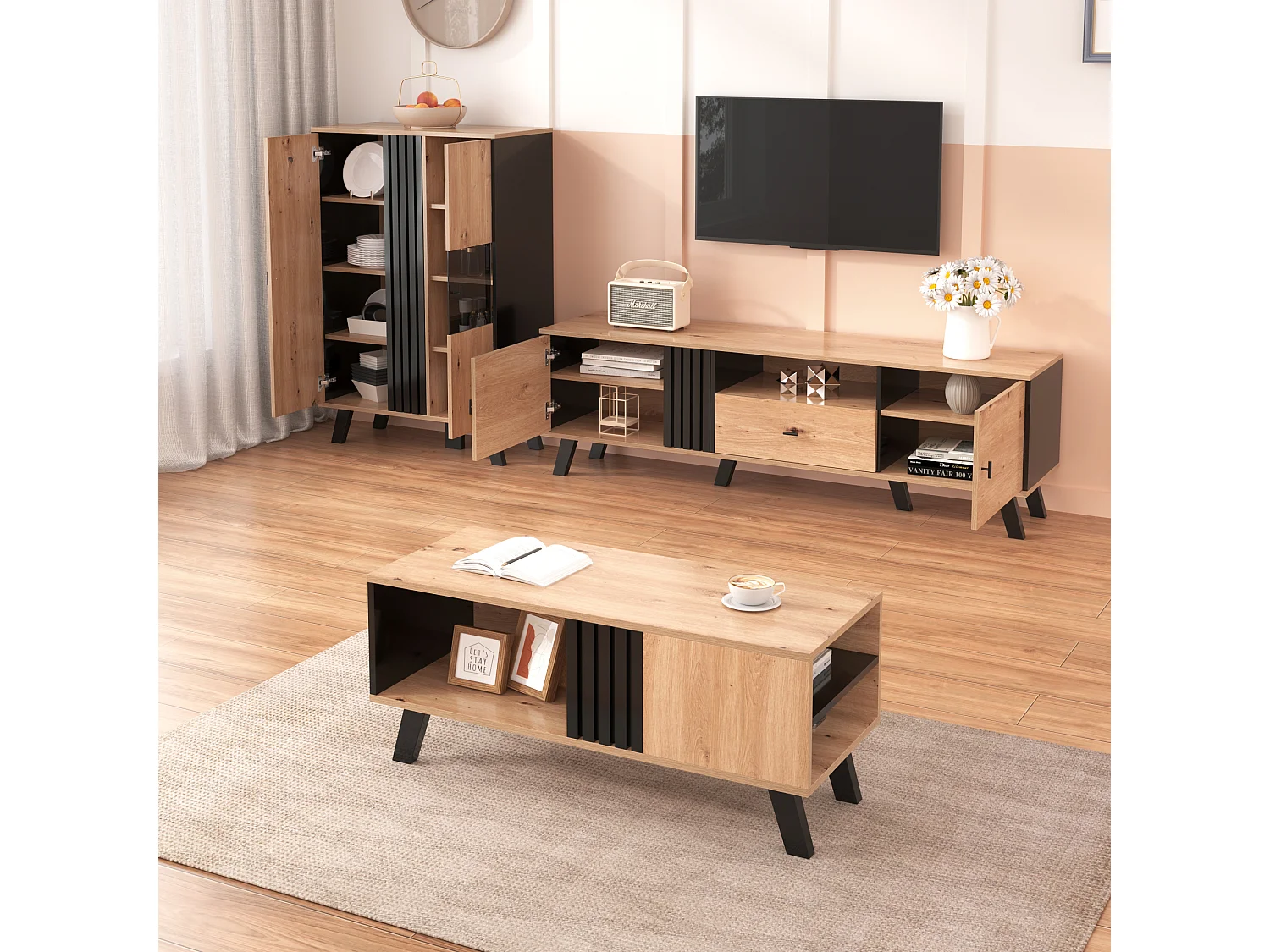 URBAN MEUBLE Table basse rectangulaire industriel effet bois et noir rangement 3 cotés 100x60x43cm