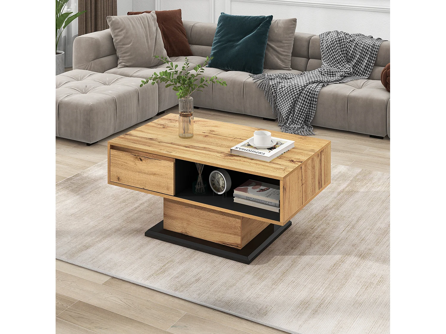 Table basse grain de bois avec rangement double face et tiroir 100x47x60 EINPHATH