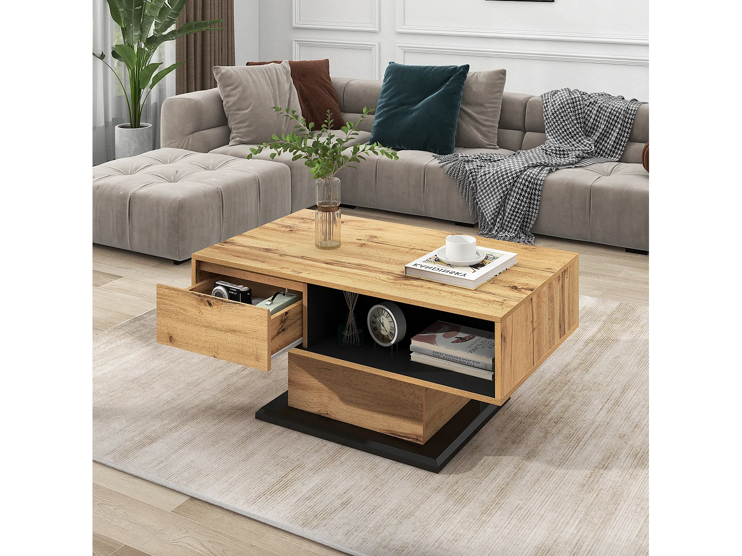 URBAN MEUBLE Table basse grain de bois avec rangement double face et tiroir 100x47x60 EINPHATH