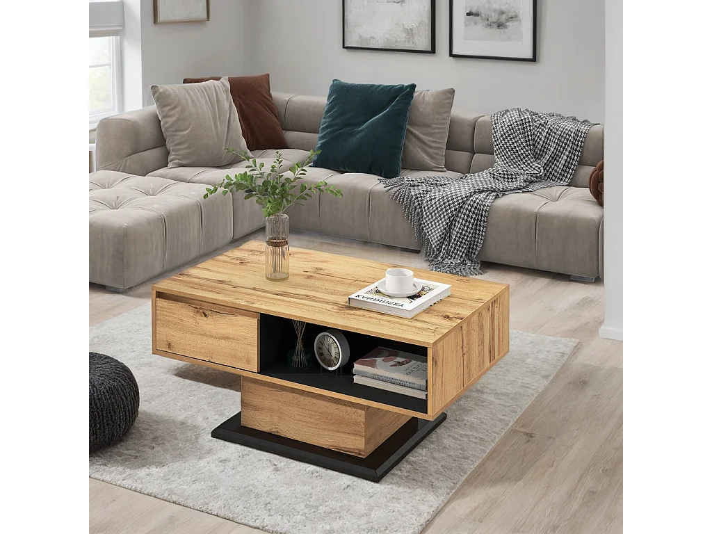 URBAN MEUBLE Table basse grain de bois avec rangement double face et tiroir 100x47x60 EINPHATH