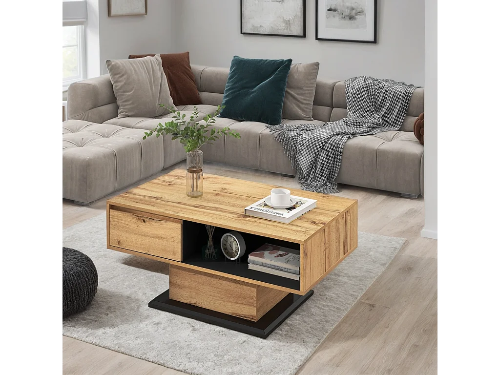URBAN MEUBLE Table basse grain de bois avec rangement double face et tiroir 100x47x60 EINPHATH