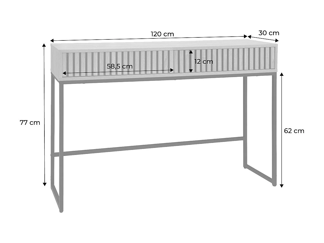 Consola contemporánea de madera estriada y metal con 2 cajones natural