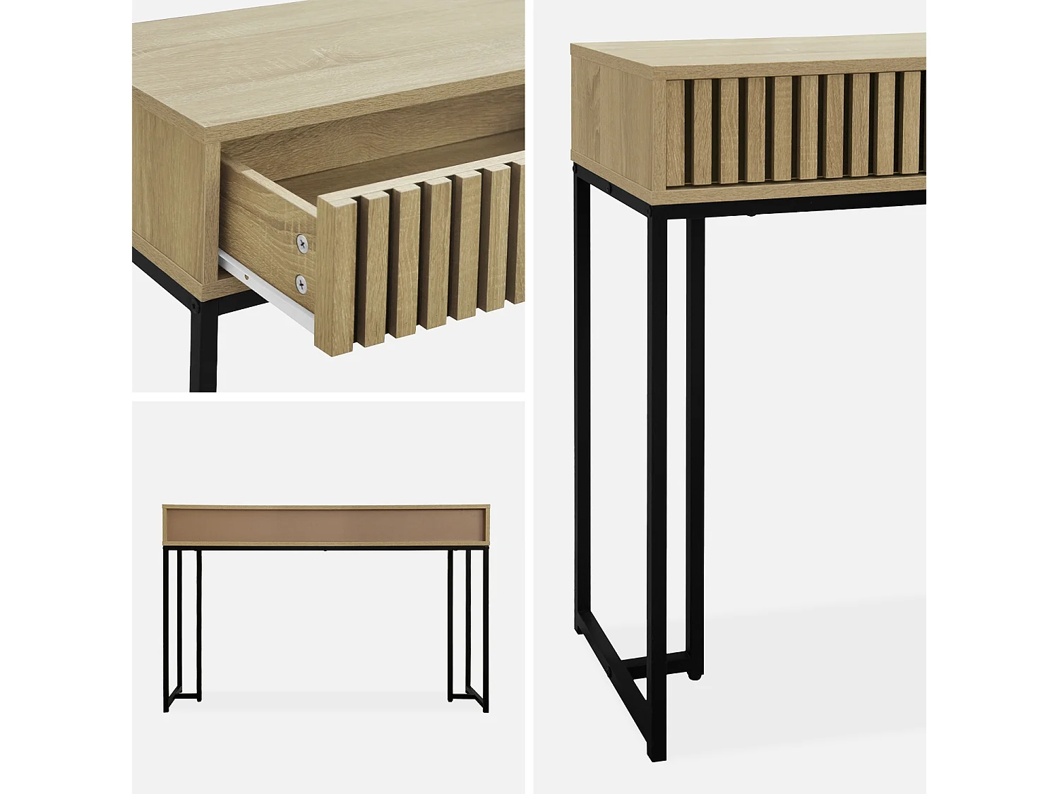 Consola contemporánea de madera estriada y metal con 2 cajones natural