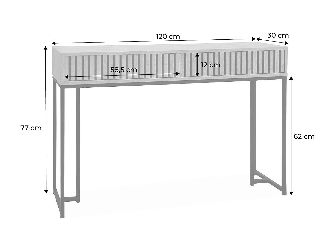 Consola contemporánea de madera estriada y metal con 2 cajones natural