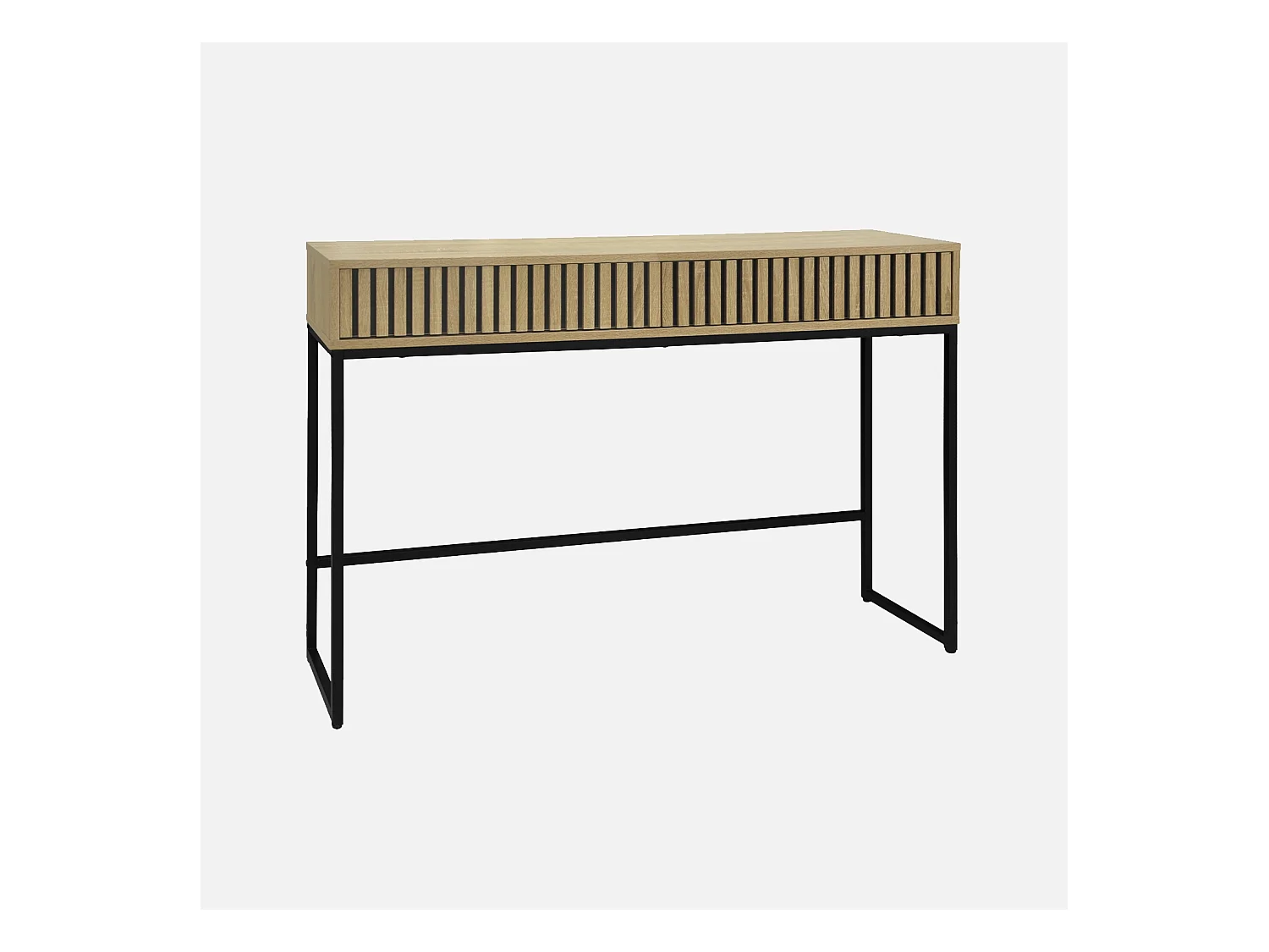 Console contemporaine avec 2 tiroirs en décor bois rainuré. structure et piètement en métal noir
