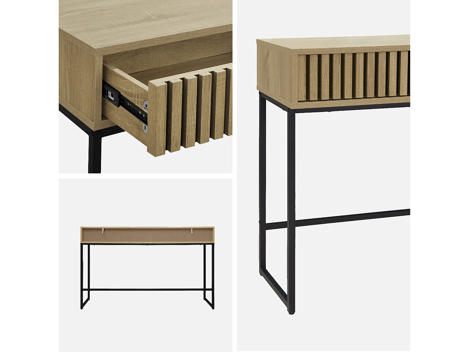 Consola contemporánea de madera estriada y metal con 2 cajones, 120cm