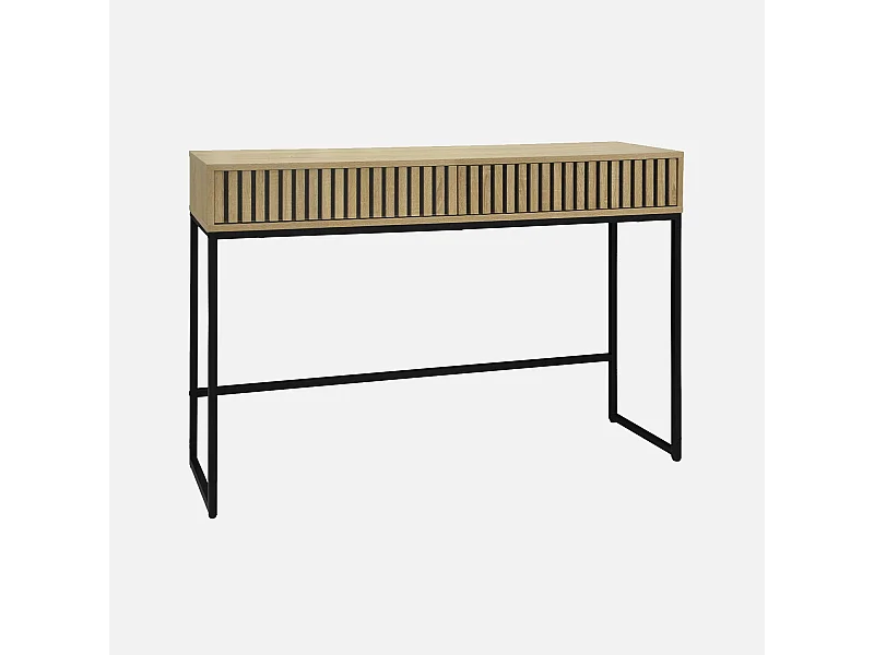Console contemporaine avec 2 tiroirs en décor bois rainuré. structure et piètement en métal noir