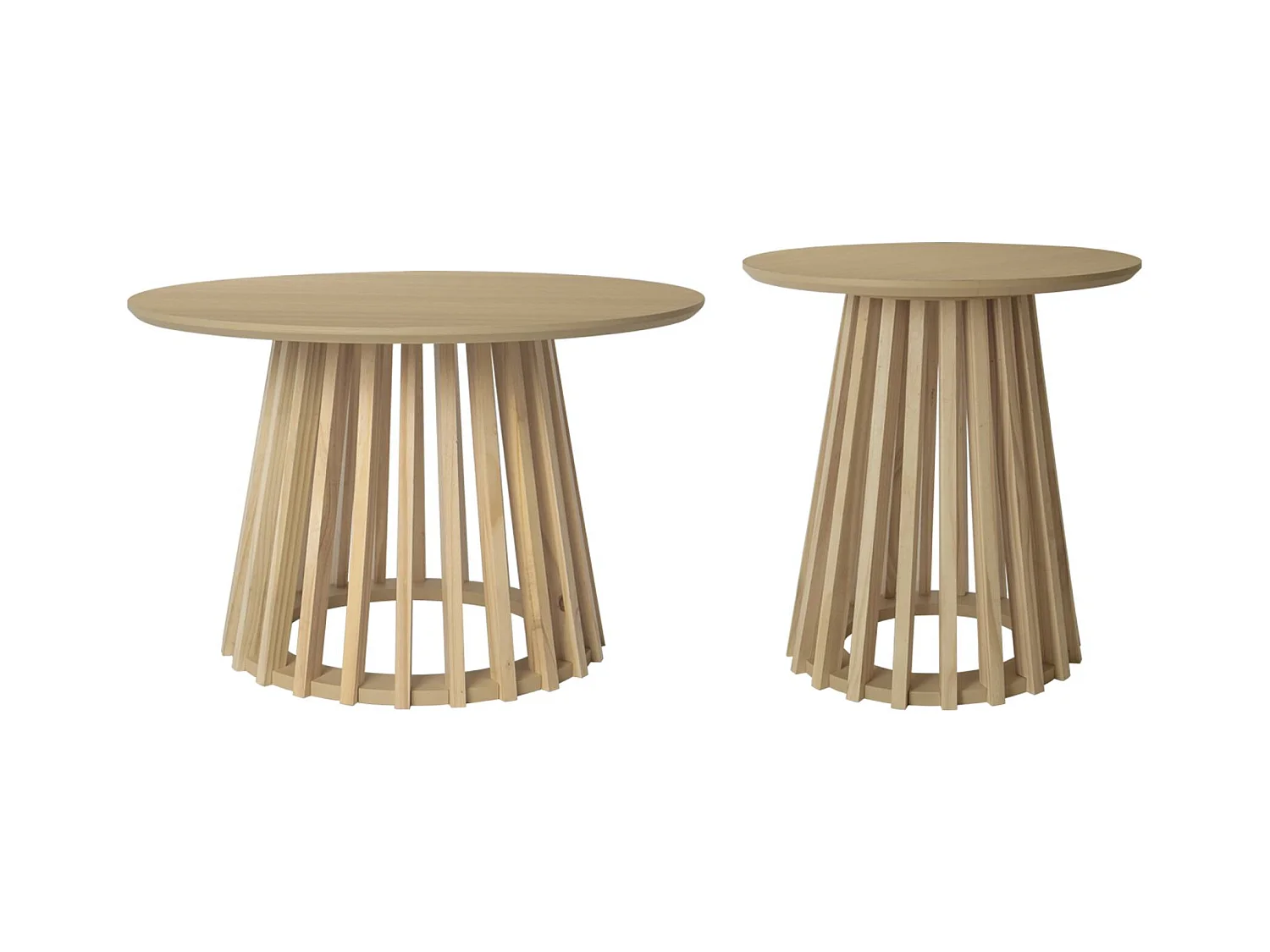 Set de 2 tables basses rondes plateau effet bois chêne et pieds en bois de sapin. Ø40cm et Ø60cm