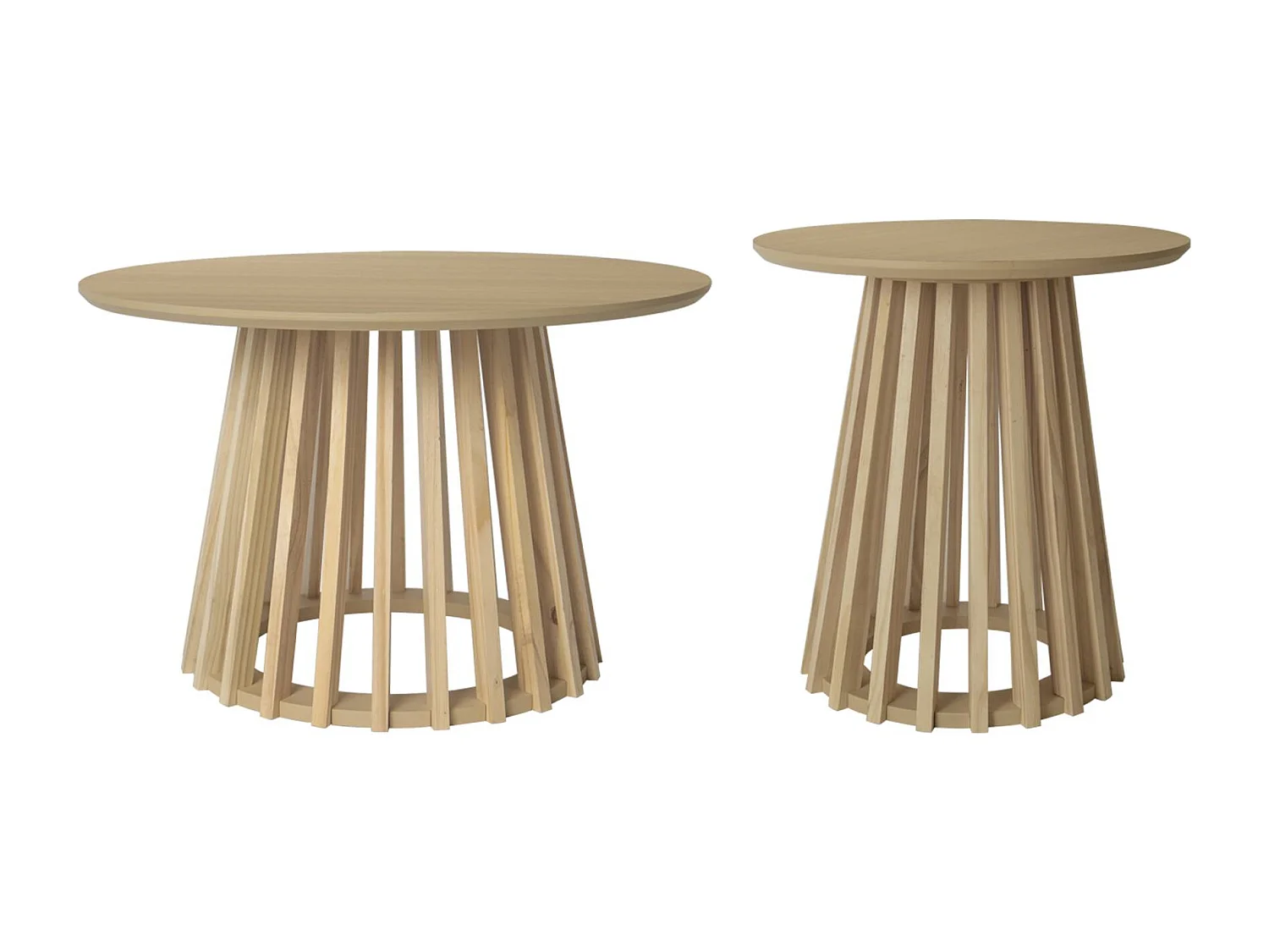 Set de 2 tables basses rondes plateau effet bois chêne et pieds en bois de sapin. Ø40cm et Ø60cm