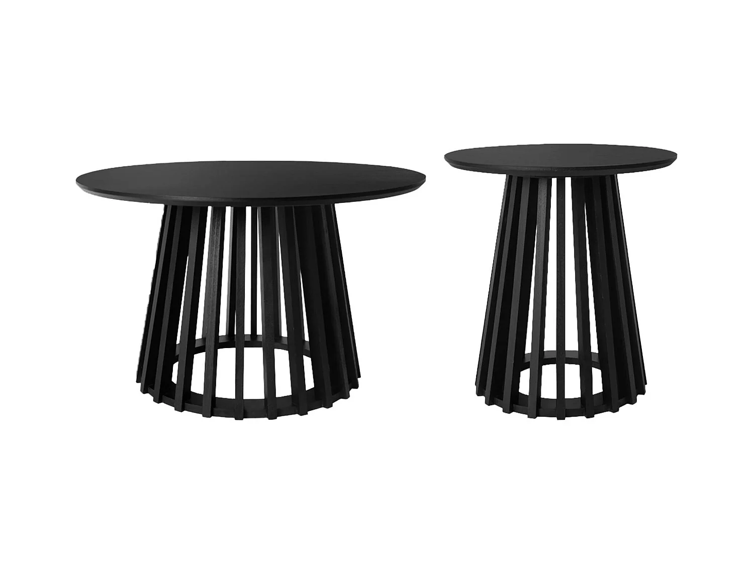 Set de 2 tables basses rondes plateau effet bois noir et pieds en bois de sapin. Ø40cm et Ø60cm