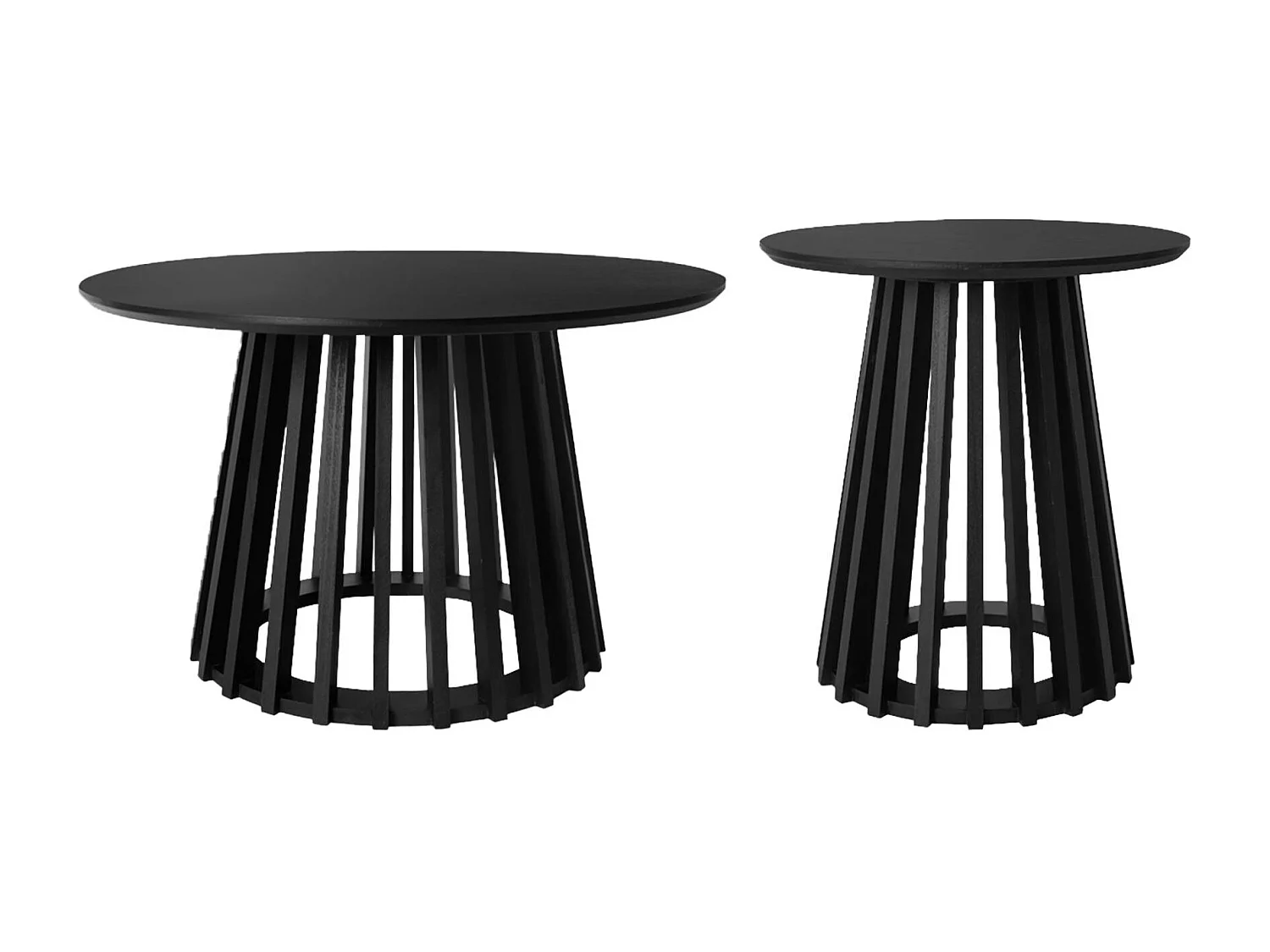 Set de 2 tables basses rondes plateau effet bois noir et pieds en bois de sapin. Ø40cm et Ø60cm