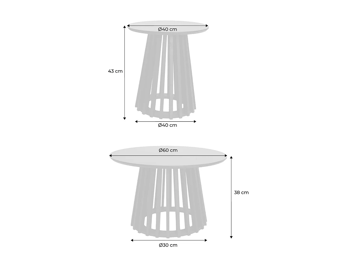Set de 2 tables basses rondes plateau effet bois noir et pieds en bois de sapin. Ø40cm et Ø60cm
