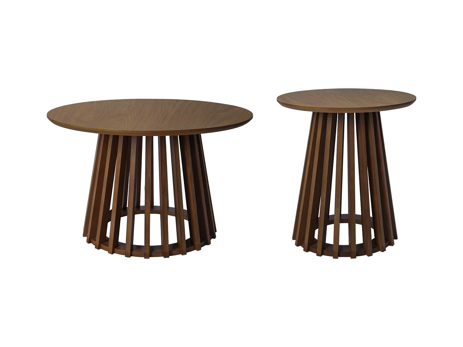 Set de 2 tables basses rondes plateau effet bois noyer et pieds en bois de sapin. Ø40cm et Ø60cm