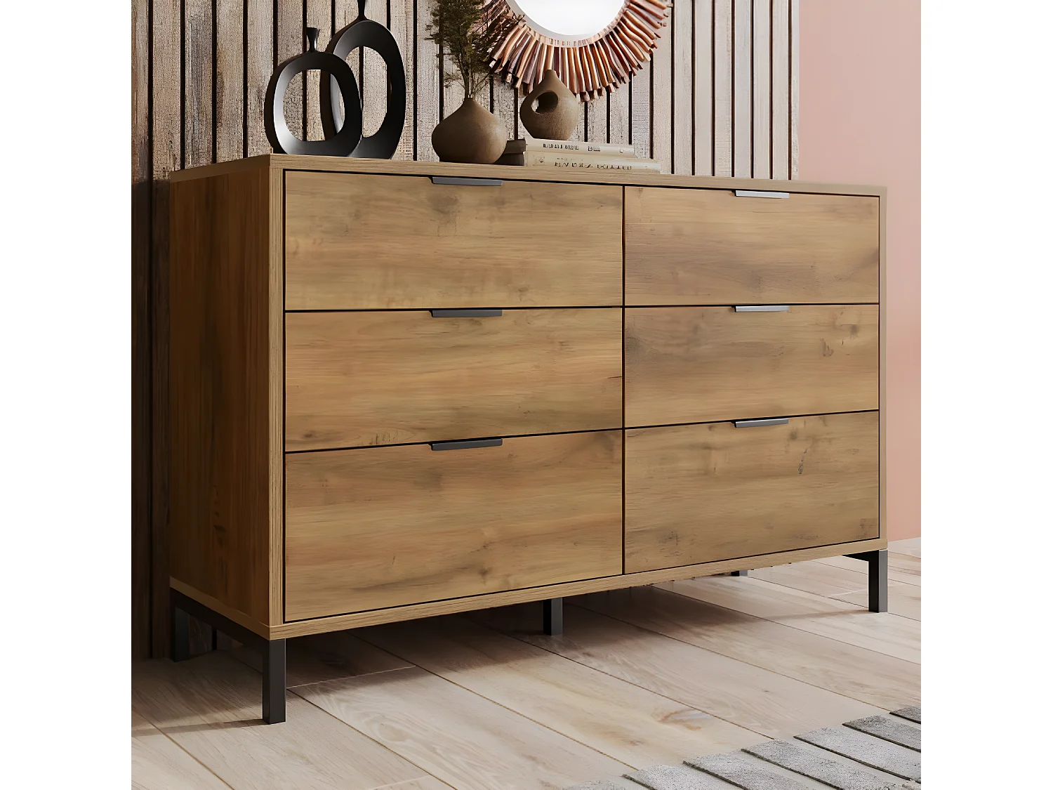 Dressoir met 6 laden, 120 x 40 x 76 cm, donker eiken