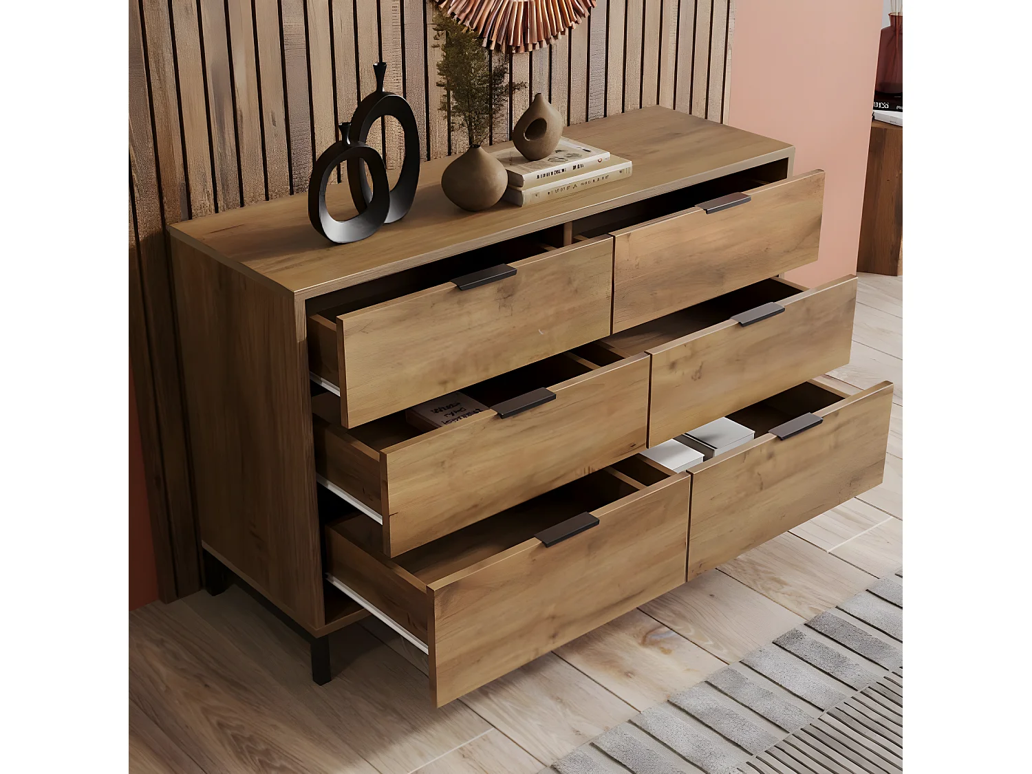 Dressoir met 6 laden, 120 x 40 x 76 cm, donker eiken