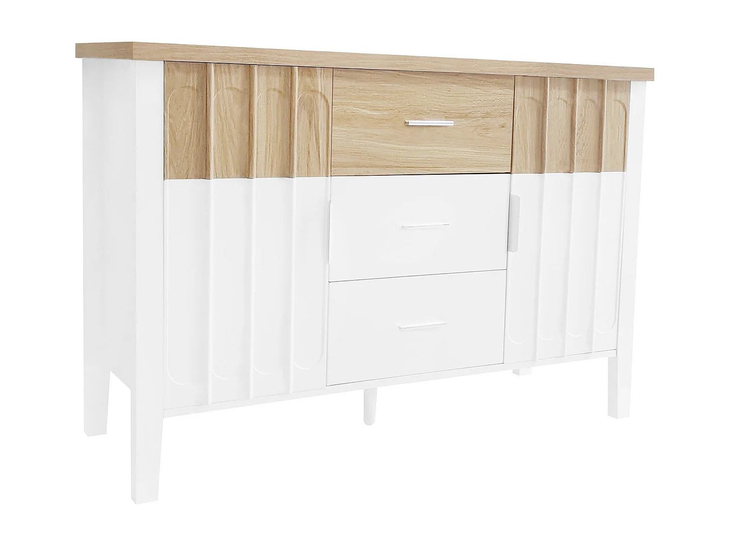Buffet commode blanc et bois avec portes et tiroirs texture concave et convexe 120x40x80cm GHEVRUD