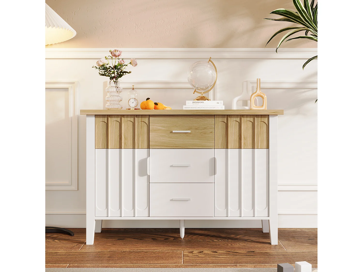 Buffet commode blanc et bois avec portes et tiroirs texture concave et convexe 120x40x80cm GHEVRUD