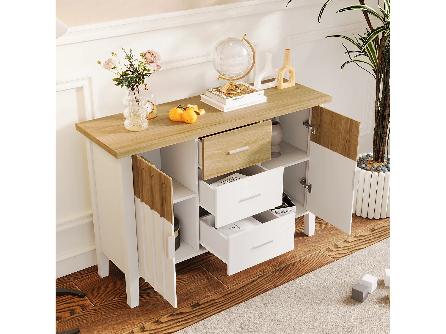 Buffet commode blanc et bois avec portes et tiroirs texture concave et convexe 120x40x80cm GHEVRUD