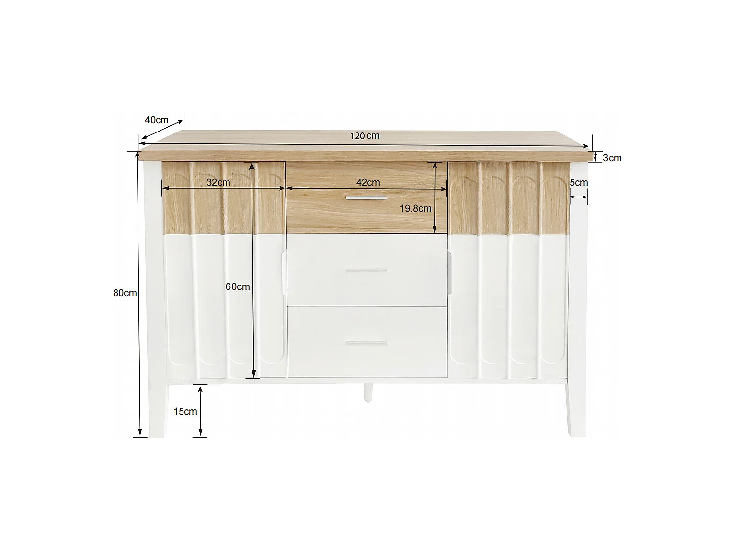 Buffet commode blanc et bois avec portes et tiroirs texture concave et convexe 120x40x80cm GHEVRUD