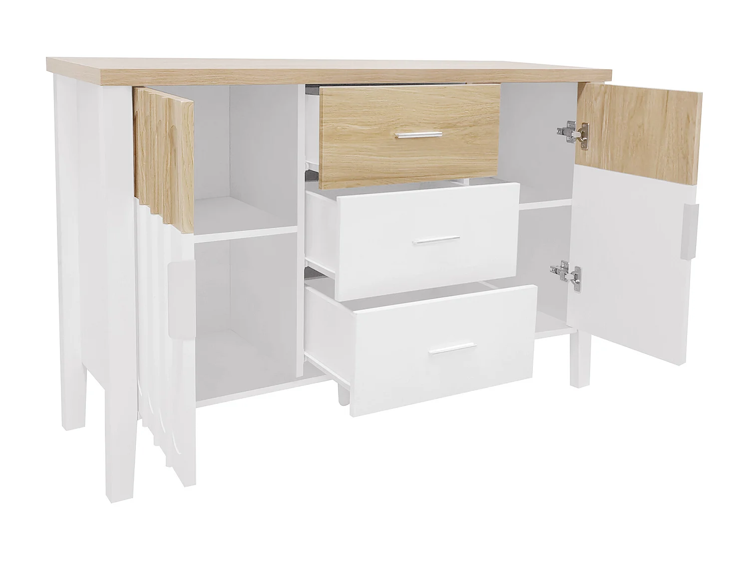 Buffet commode blanc et bois avec portes et tiroirs texture concave et convexe 120x40x80cm GHEVRUD