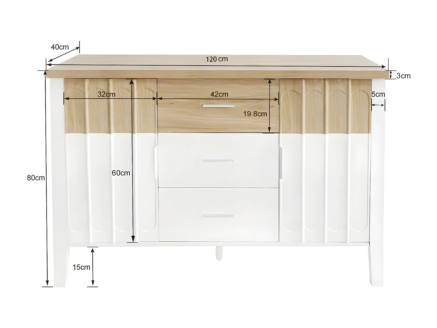 Buffet commode blanc et bois avec portes et tiroirs texture concave et convexe 120x40x80cm GHEVRUD