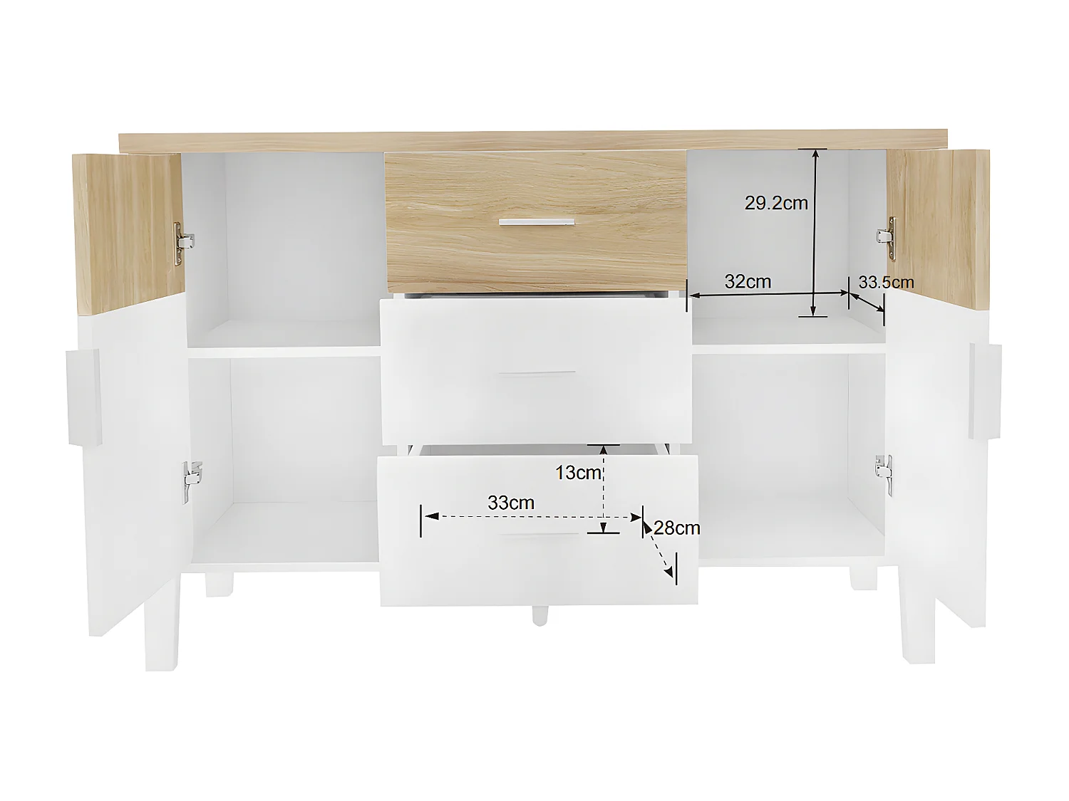 Buffet commode blanc et bois avec portes et tiroirs texture concave et convexe 120x40x80cm GHEVRUD