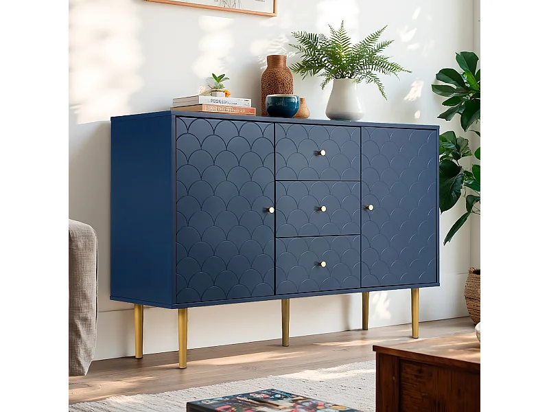 URBAN MEUBLE Commode buffet haut avec 2 portes 3 tiroirs bleu marine motif d'écailles H82/B120/T40