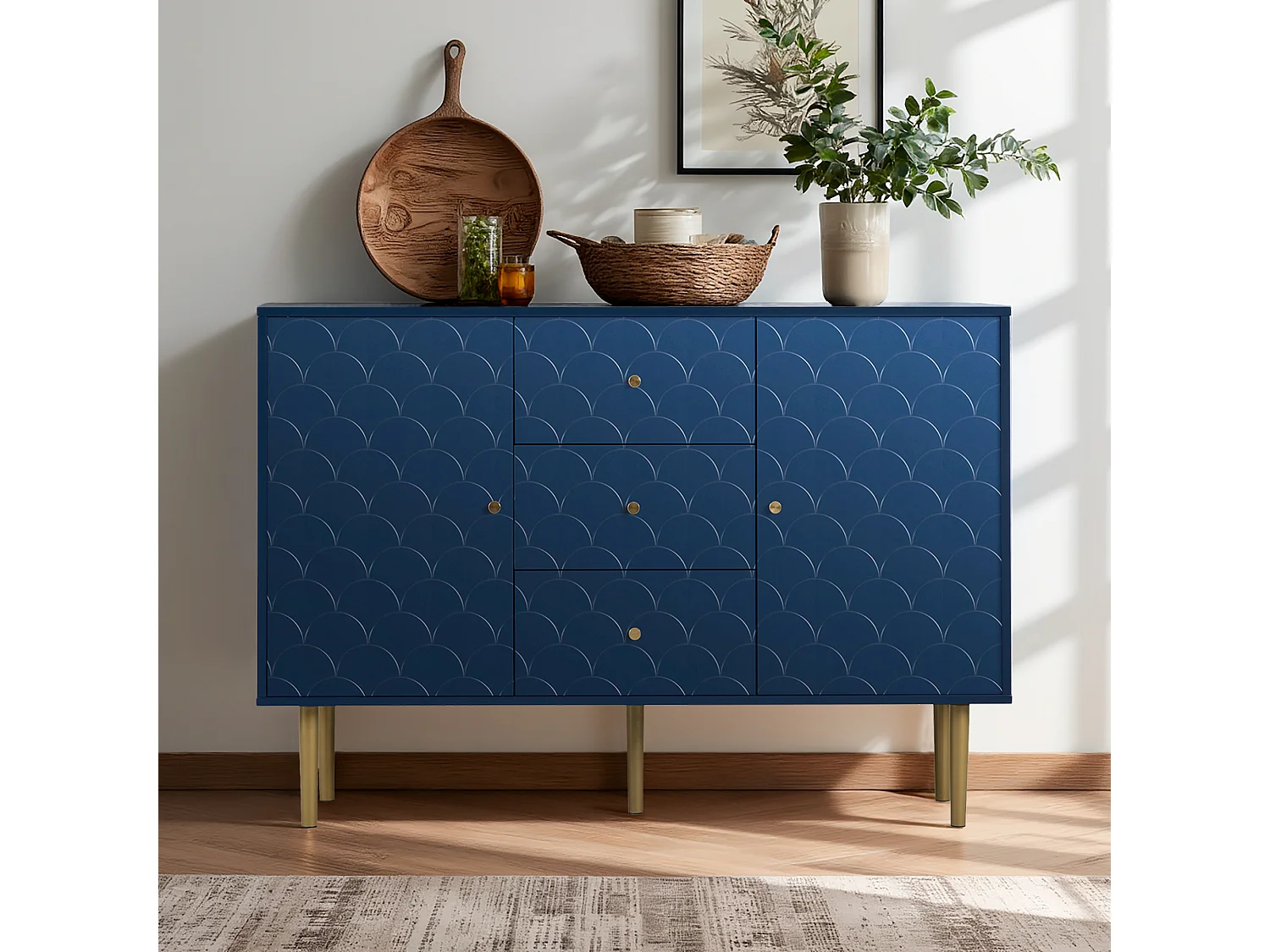 URBAN MEUBLE Commode buffet haut avec 2 portes 3 tiroirs bleu marine motif d'écailles H82/B120/T40