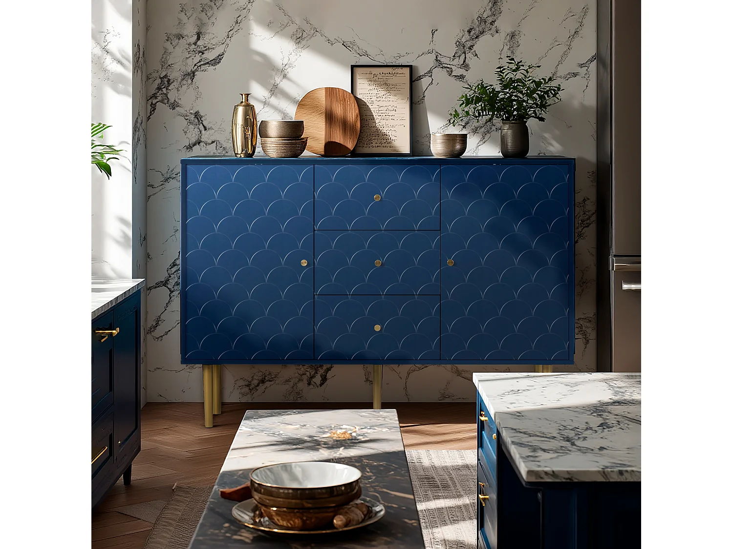 URBAN MEUBLE Commode buffet haut avec 2 portes 3 tiroirs bleu marine motif d'écailles H82/B120/T40