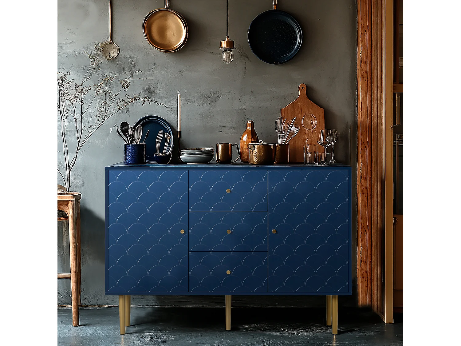 URBAN MEUBLE Commode buffet haut avec 2 portes 3 tiroirs bleu marine motif d'écailles H82/B120/T40