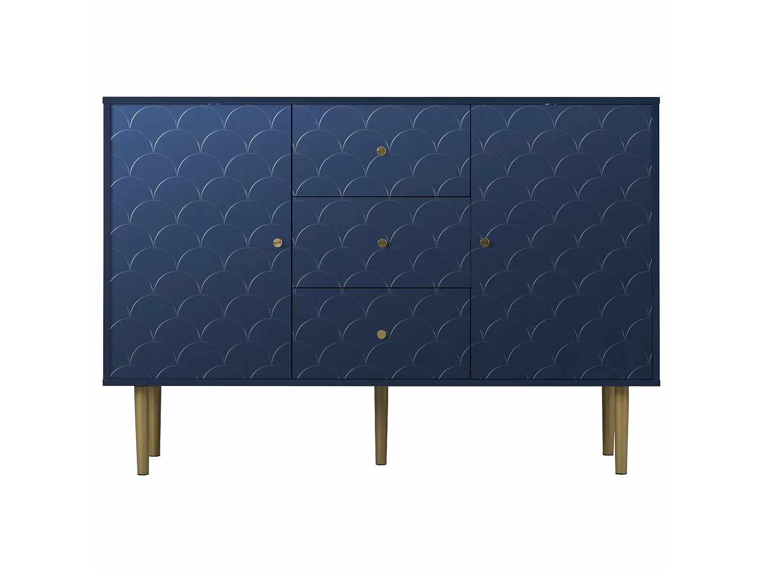 URBAN MEUBLE Commode buffet haut avec 2 portes 3 tiroirs bleu marine motif d'écailles H82/B120/T40