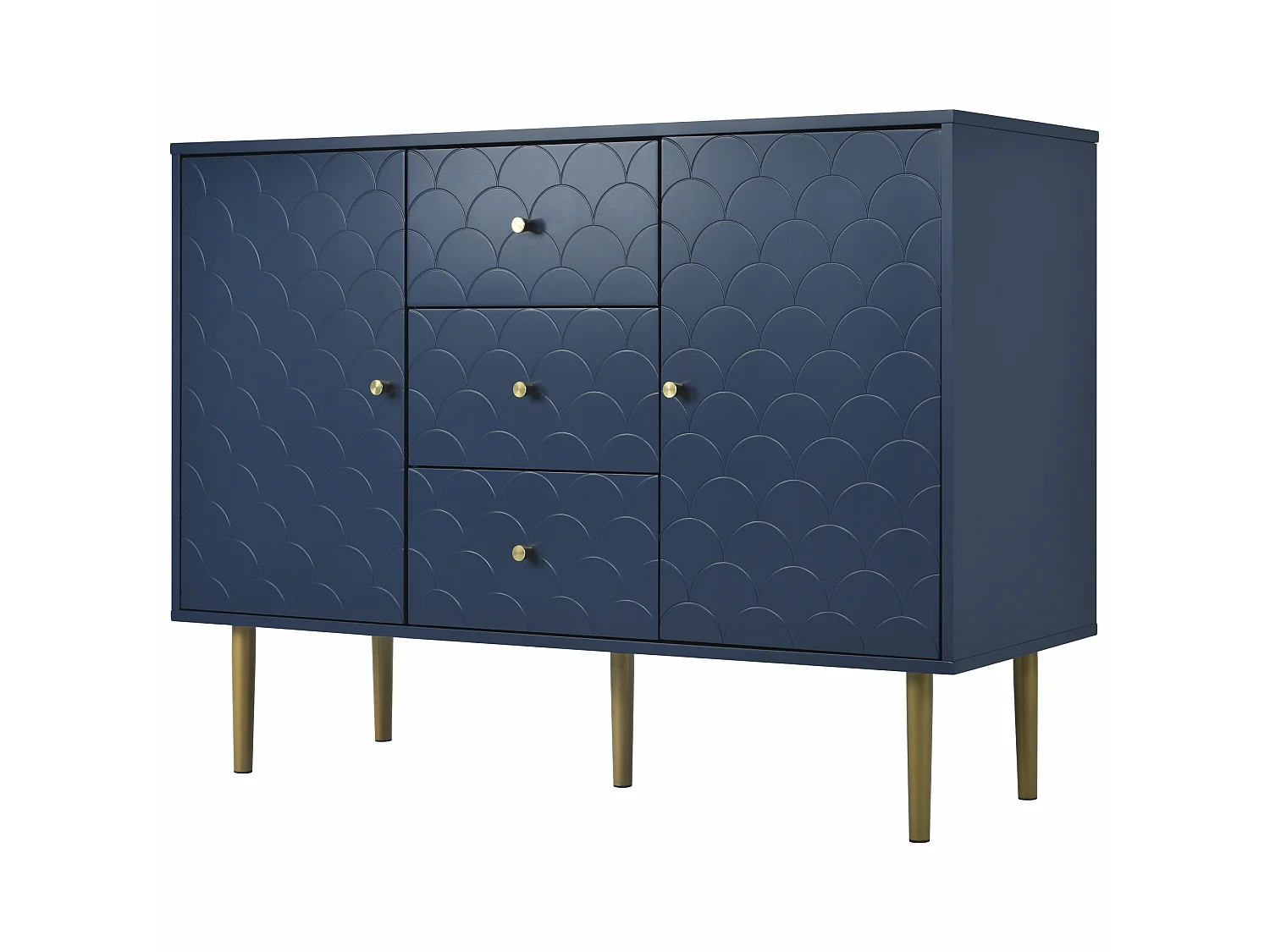 URBAN MEUBLE Commode buffet haut avec 2 portes 3 tiroirs bleu marine motif d'écailles H82/B120/T40