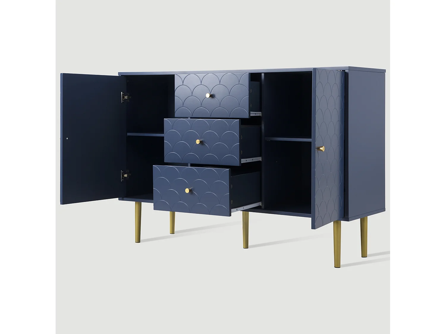 URBAN MEUBLE Commode buffet haut avec 2 portes 3 tiroirs bleu marine motif d'écailles H82/B120/T40