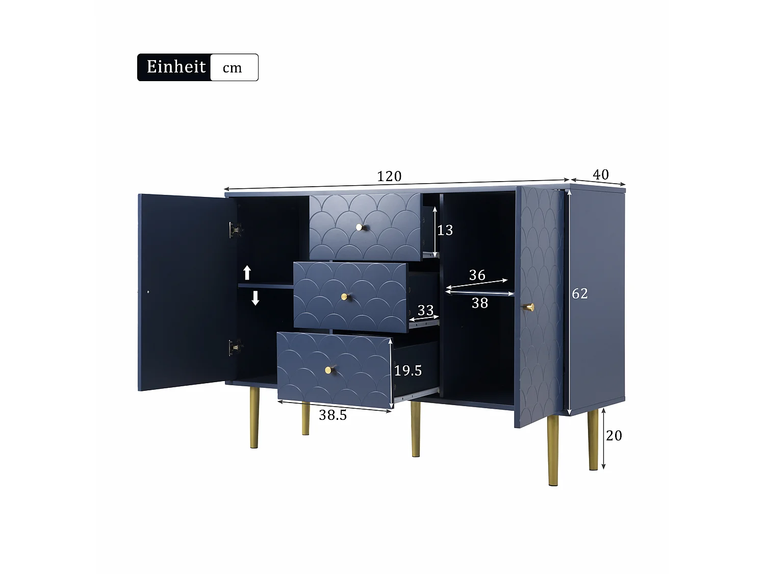URBAN MEUBLE Commode buffet haut avec 2 portes 3 tiroirs bleu marine motif d'écailles H82/B120/T40