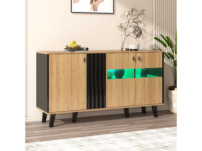 URBAN MEUBLE Buffet armoire en bois et noir verre teinté avec éclairage LED 140x78x41cm