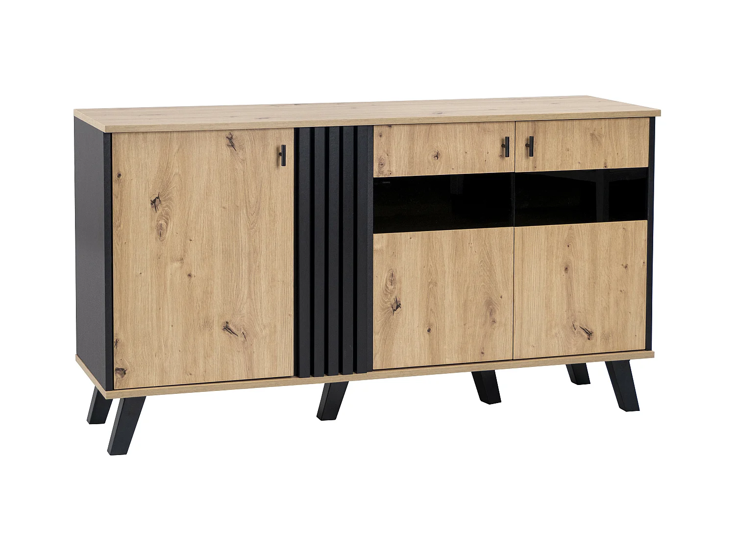 Buffet armoire en bois et noir verre teinté avec éclairage LED 140x78x41cm BHETTER