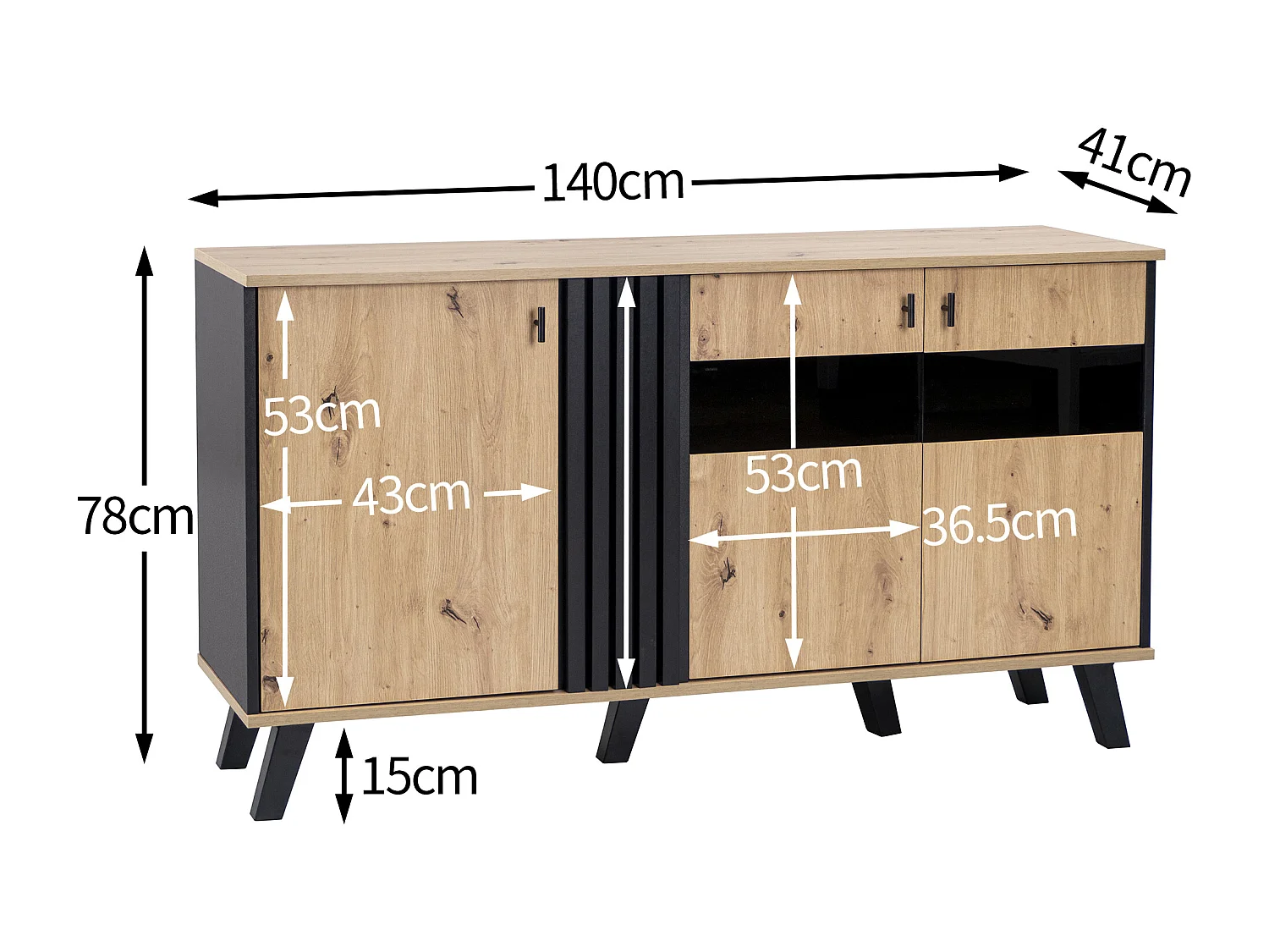 URBAN MEUBLE Buffet armoire en bois et noir verre teinté avec éclairage LED 140x78x41cm