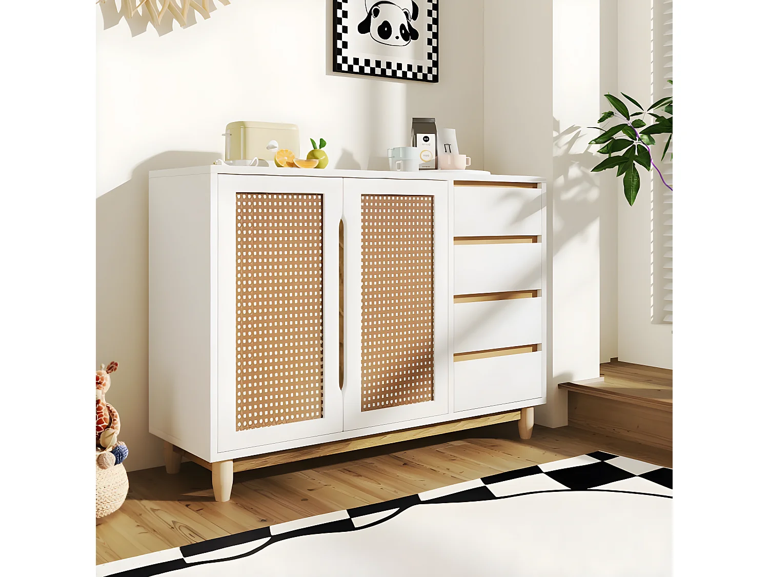 Buffetkast met imitatie rieten deuren, laden, verstelbare planken