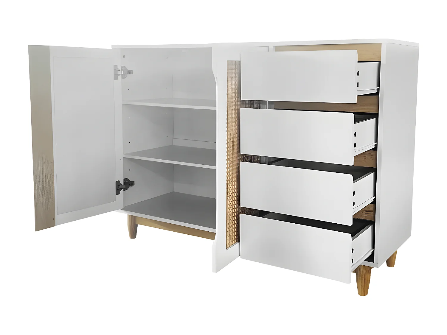 Buffetkast met imitatie rieten deuren, laden, verstelbare planken