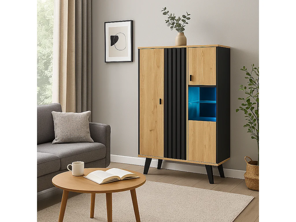 URBAN MEUBLE Buffets vitrines avec verre teinté et éclairage LED en noir et bois