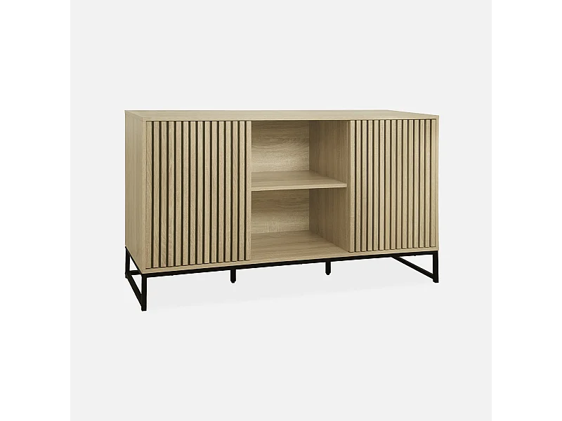 Credenza contemporanea a 2 ante scanalate effetto legno, 140cm,