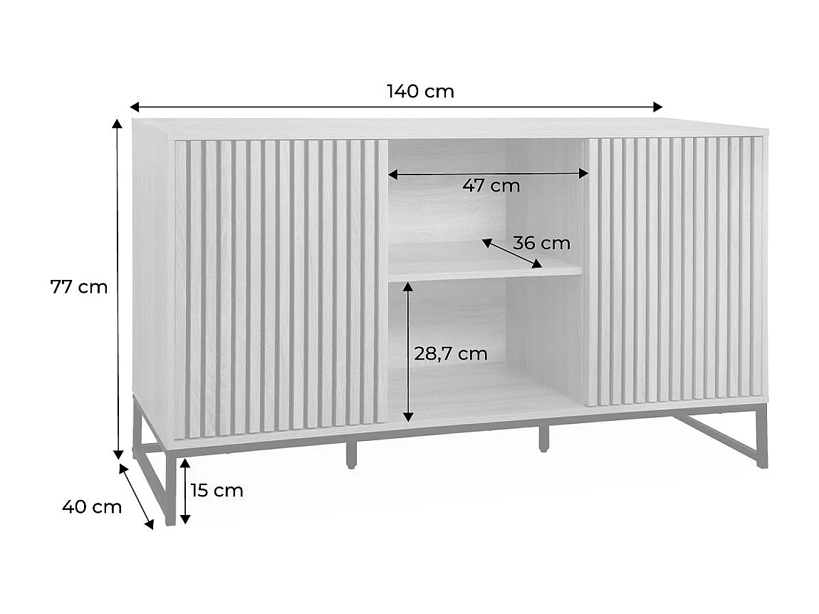 Credenza contemporanea a 2 ante scanalate effetto legno, 140cm,
