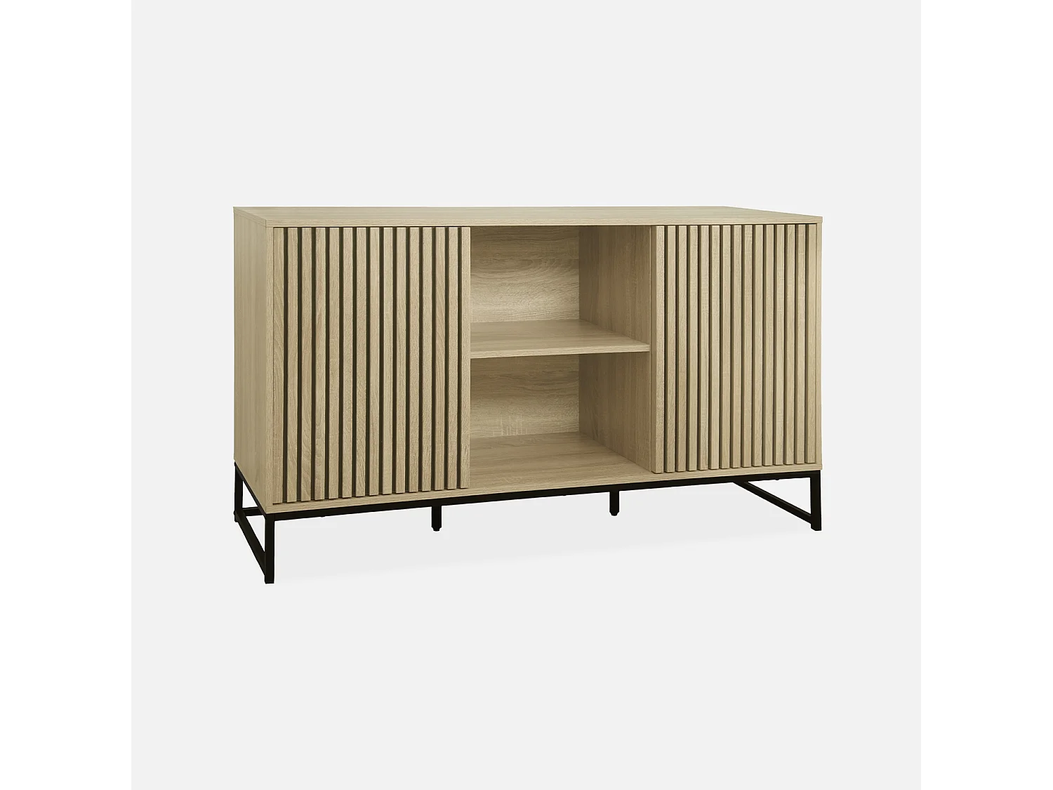 Buffet style contemporain avec 2 portes effet bois rainuré ouverture par pression. buffet bas. piètement en métal noir  L140cm