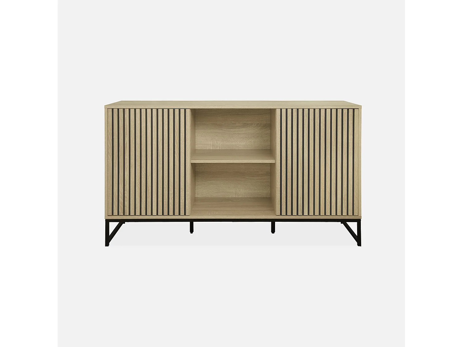 Buffet style contemporain avec 2 portes effet bois rainuré ouverture par pression. buffet bas. piètement en métal noir  L140cm