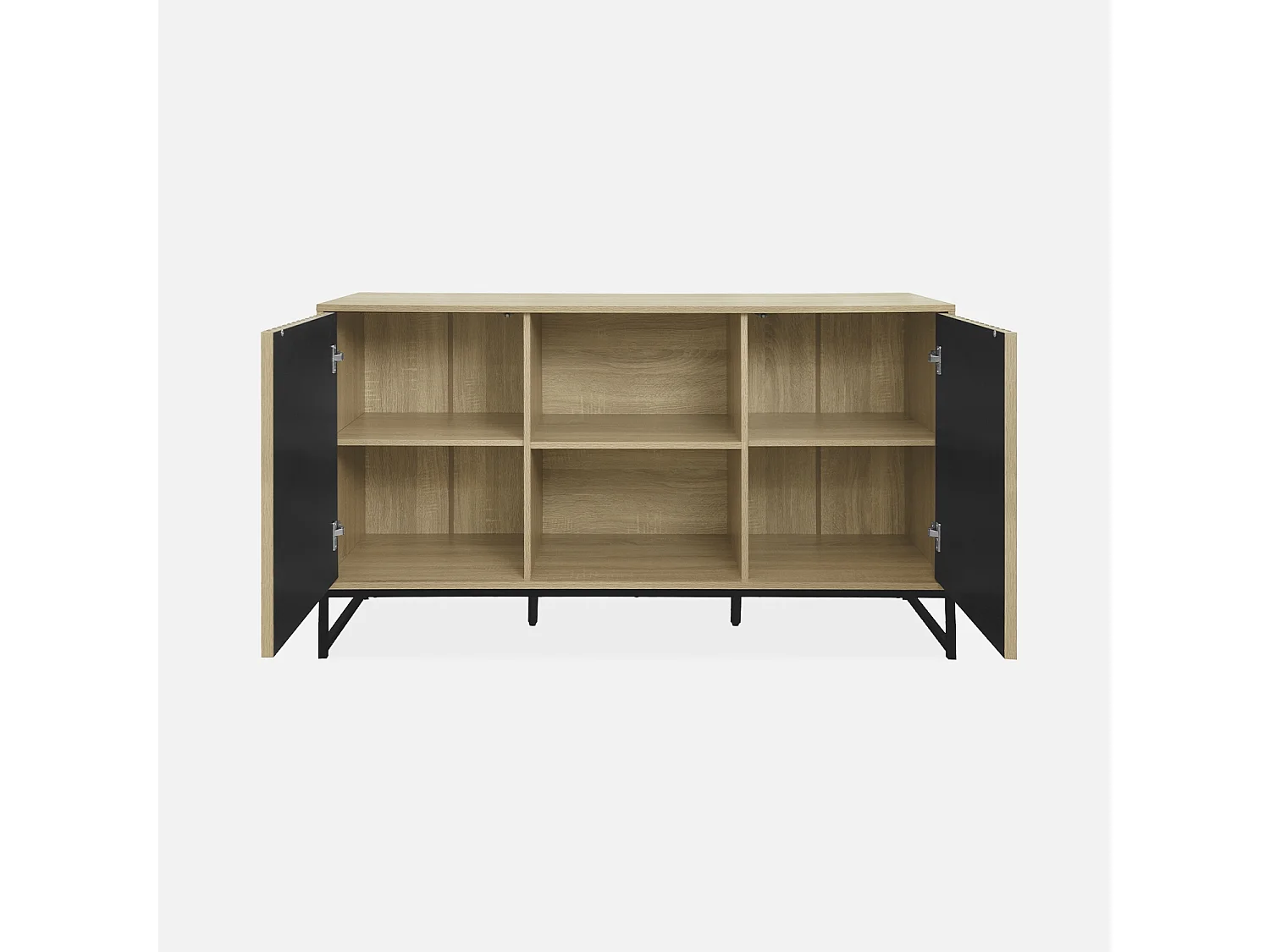 Buffet style contemporain avec 2 portes effet bois rainuré ouverture par pression. buffet bas. piètement en métal noir  L140cm