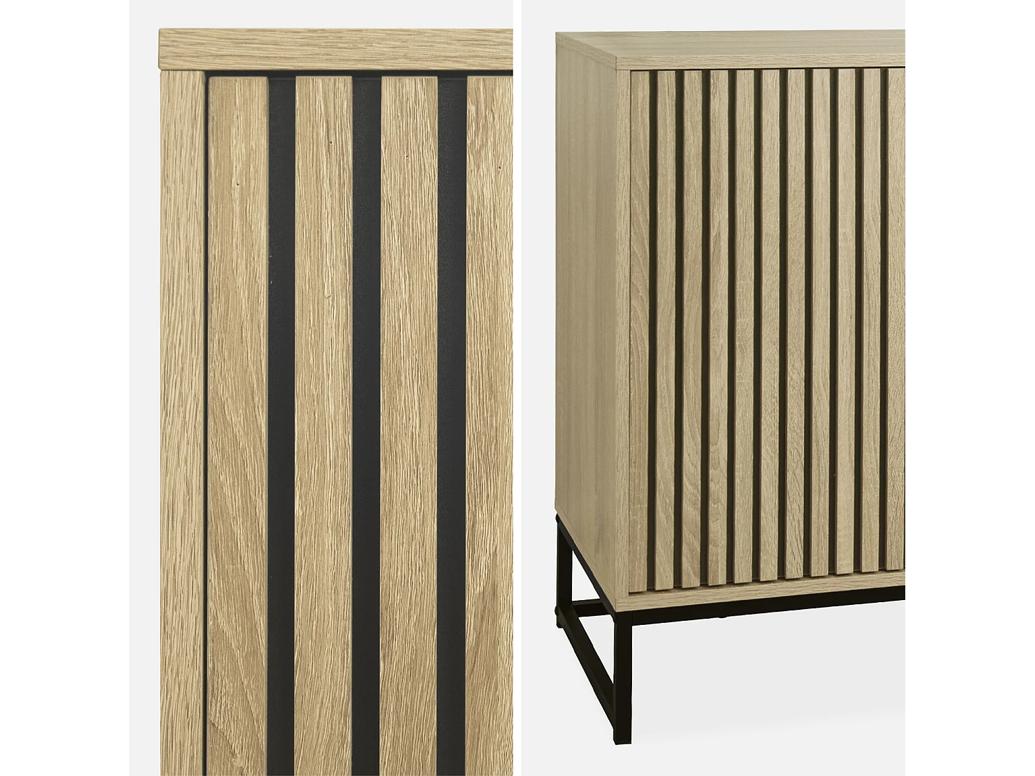 Buffet style contemporain avec 2 portes effet bois rainuré ouverture par pression. buffet bas. piètement en métal noir  L140cm
